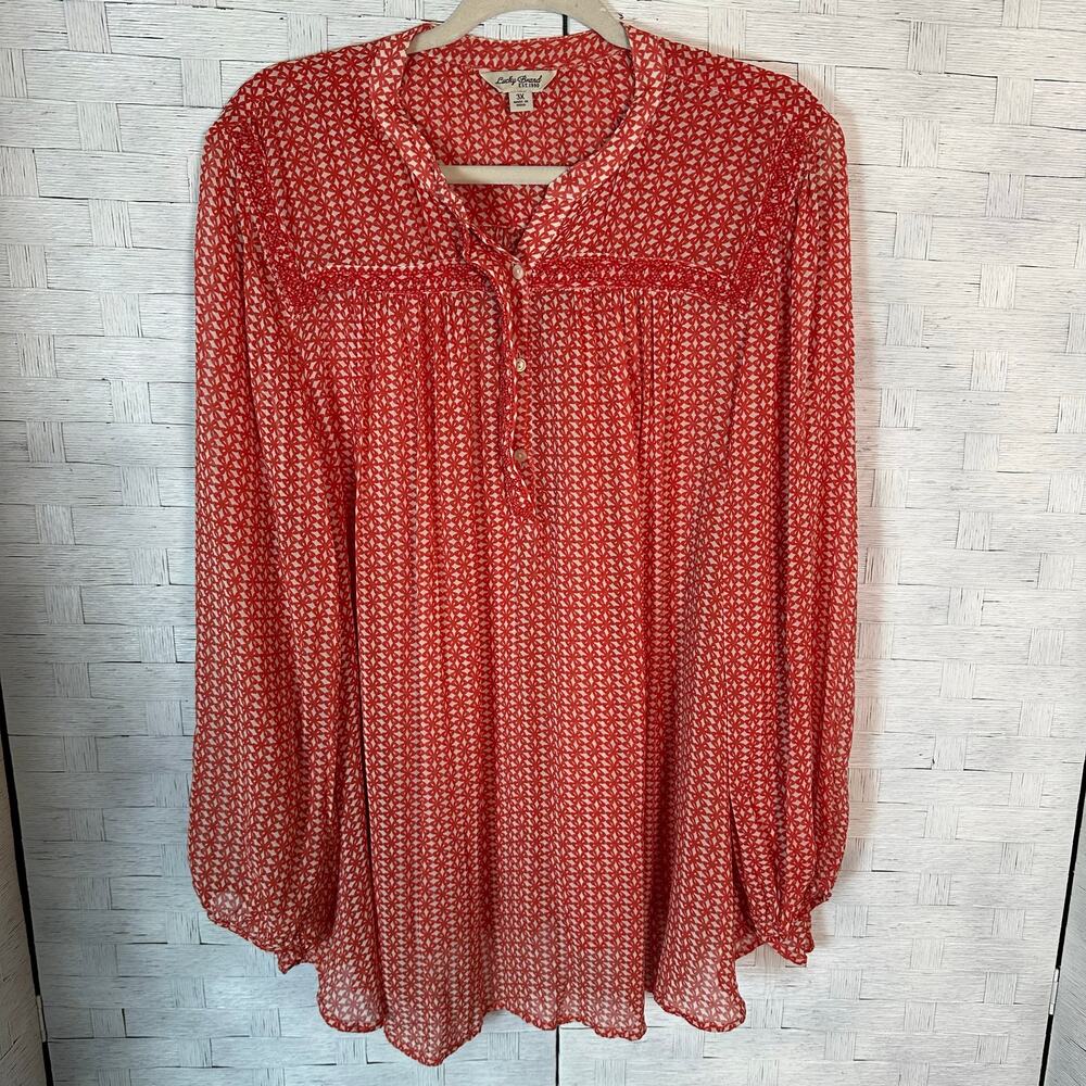 Lucky Brand Red Printed Long-Sleeve Blouse